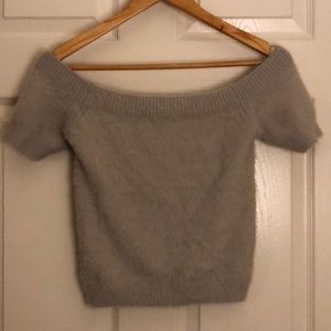 Grey off the shoulder cropped fuzzy sweater. NWT!